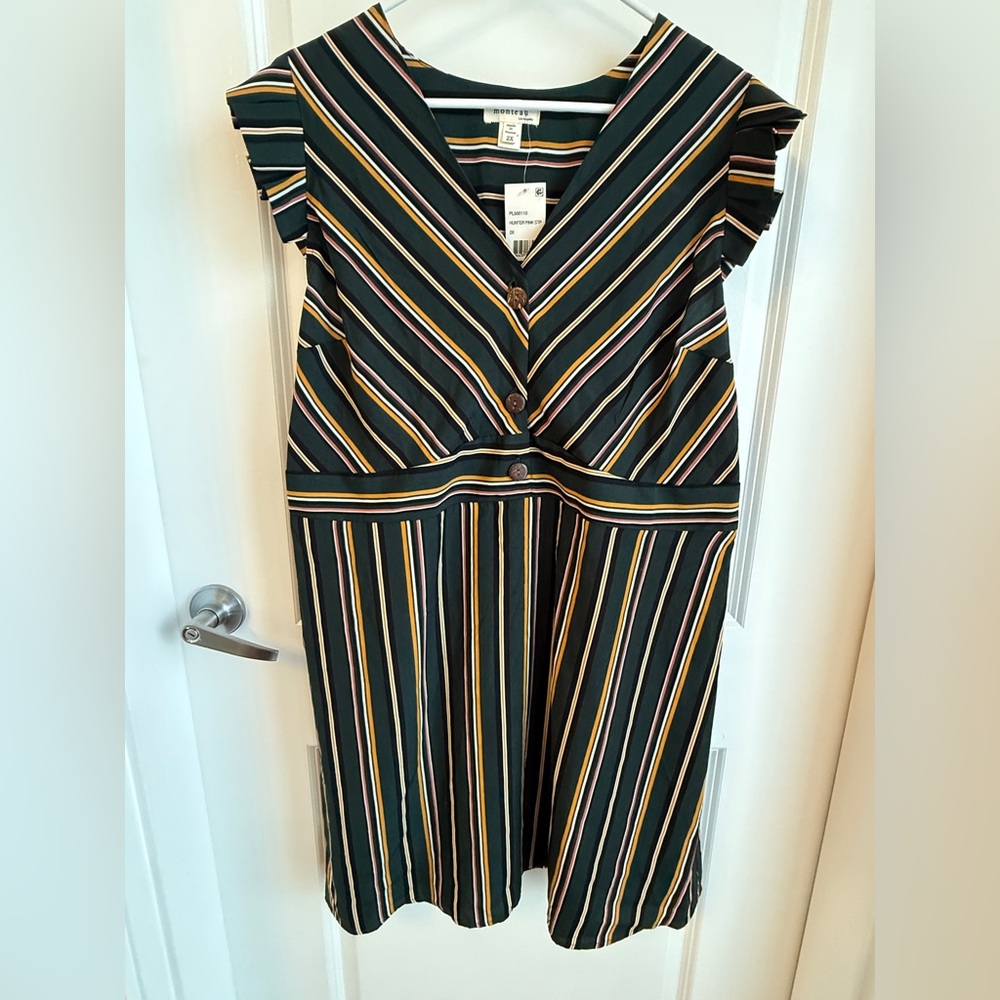 Monteau Green Striped Flutter-sleeve Dress